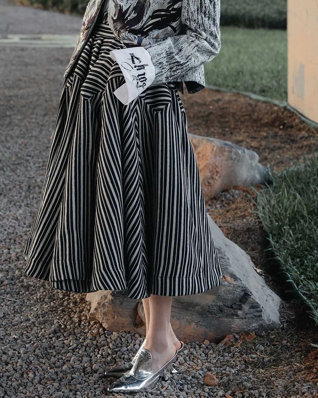 :\\ pinstriped, high-waisted constructed column midi skirt
