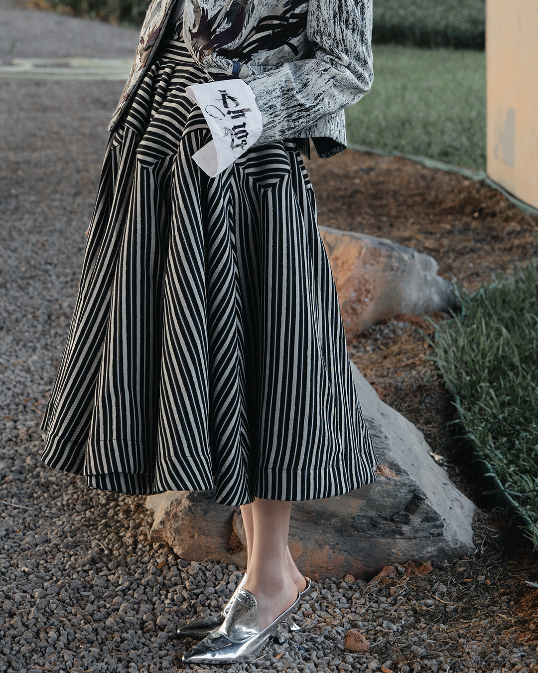 :\\ pinstriped, high-waisted constructed column midi skirt
