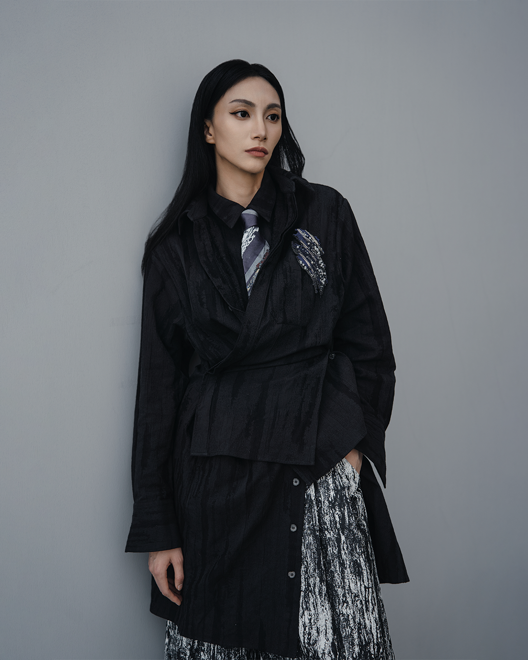:\\ oversized wrap shirt dress with Re: pinstriped brushstroke tie