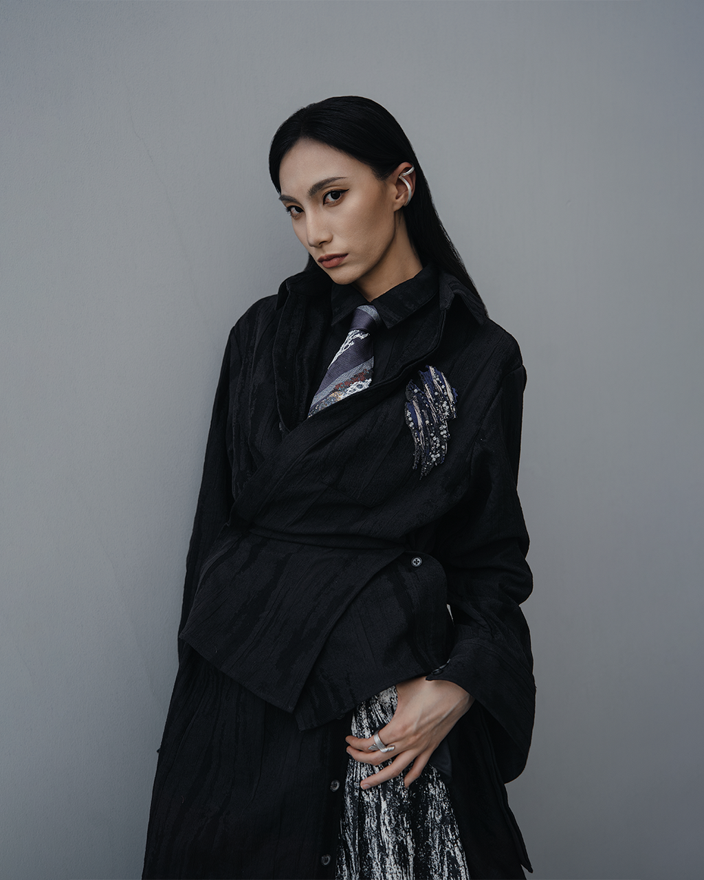 :\\ oversized wrap shirt dress with Re: pinstriped brushstroke tie