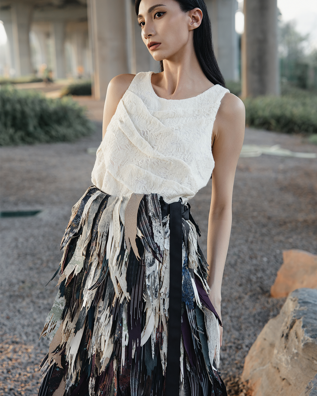 :\\ distressed hand-draped knit top