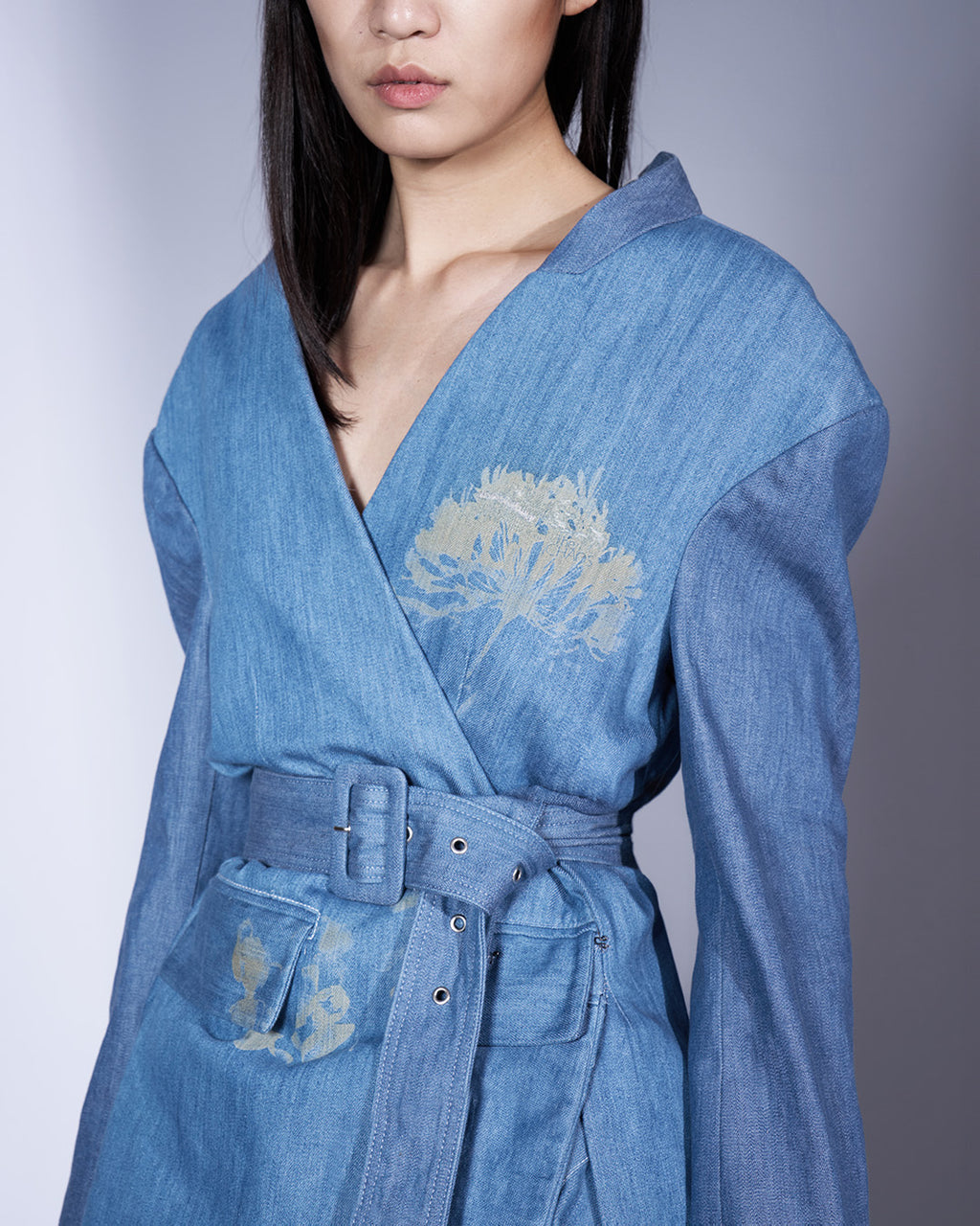 Two-way Denim Blazer with Floral Laser Print