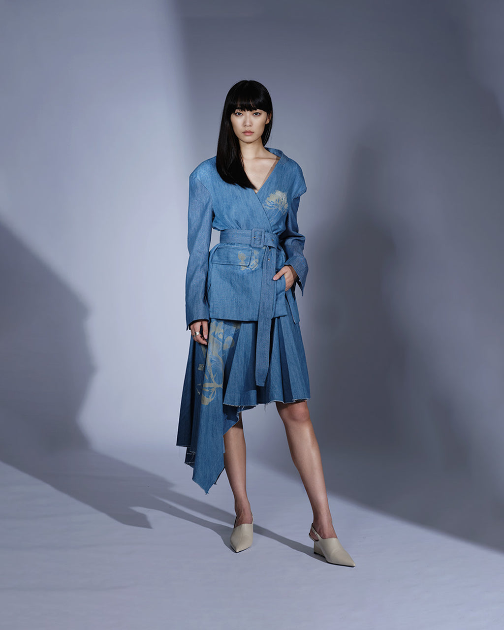 Two-way Denim Blazer with Floral Laser Print