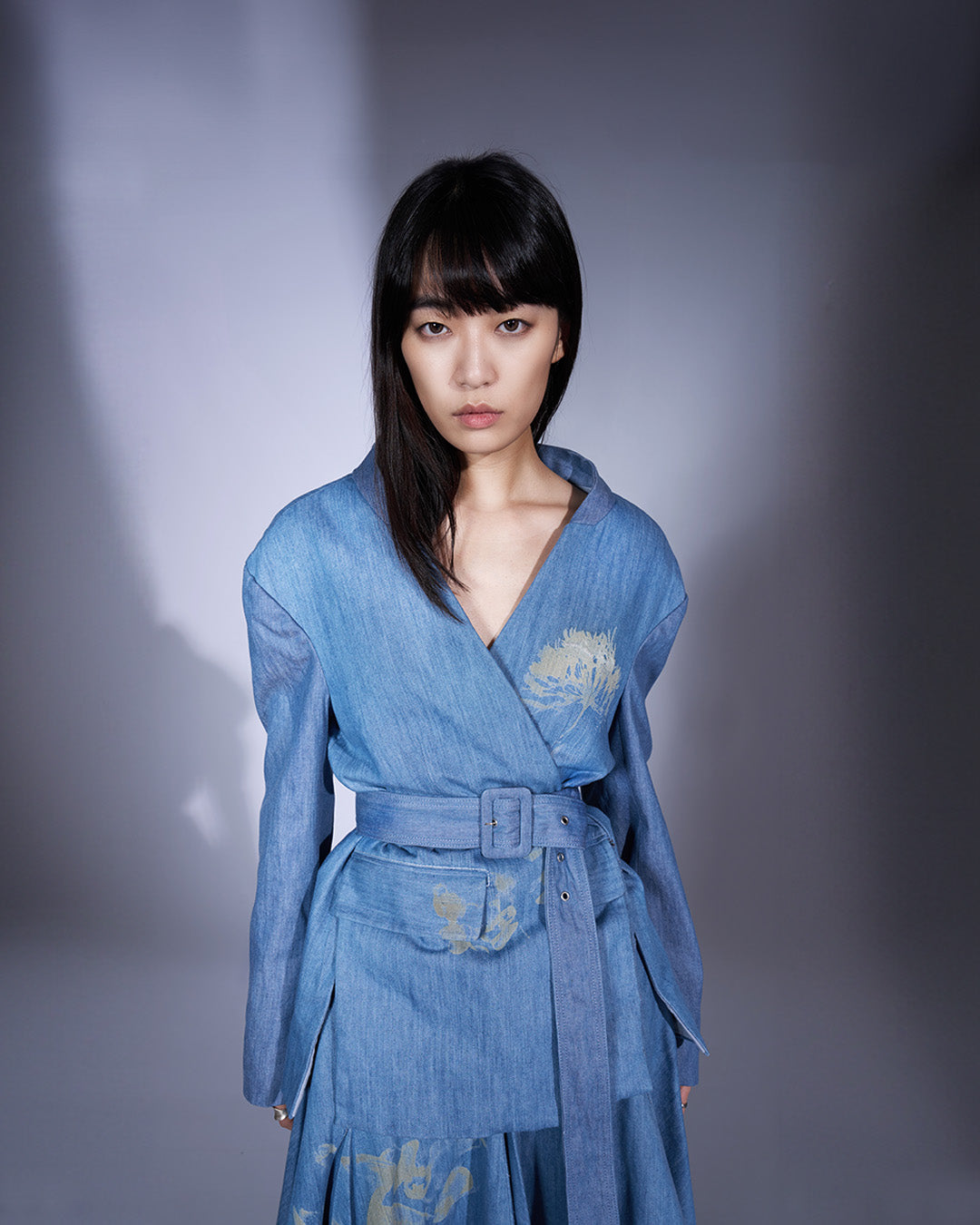 Two-way Denim Blazer with Floral Laser Print